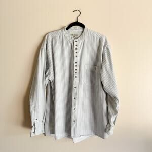 Civilian Blue Grey + White Striped Grandfather Band Collar Irish Button Up XL